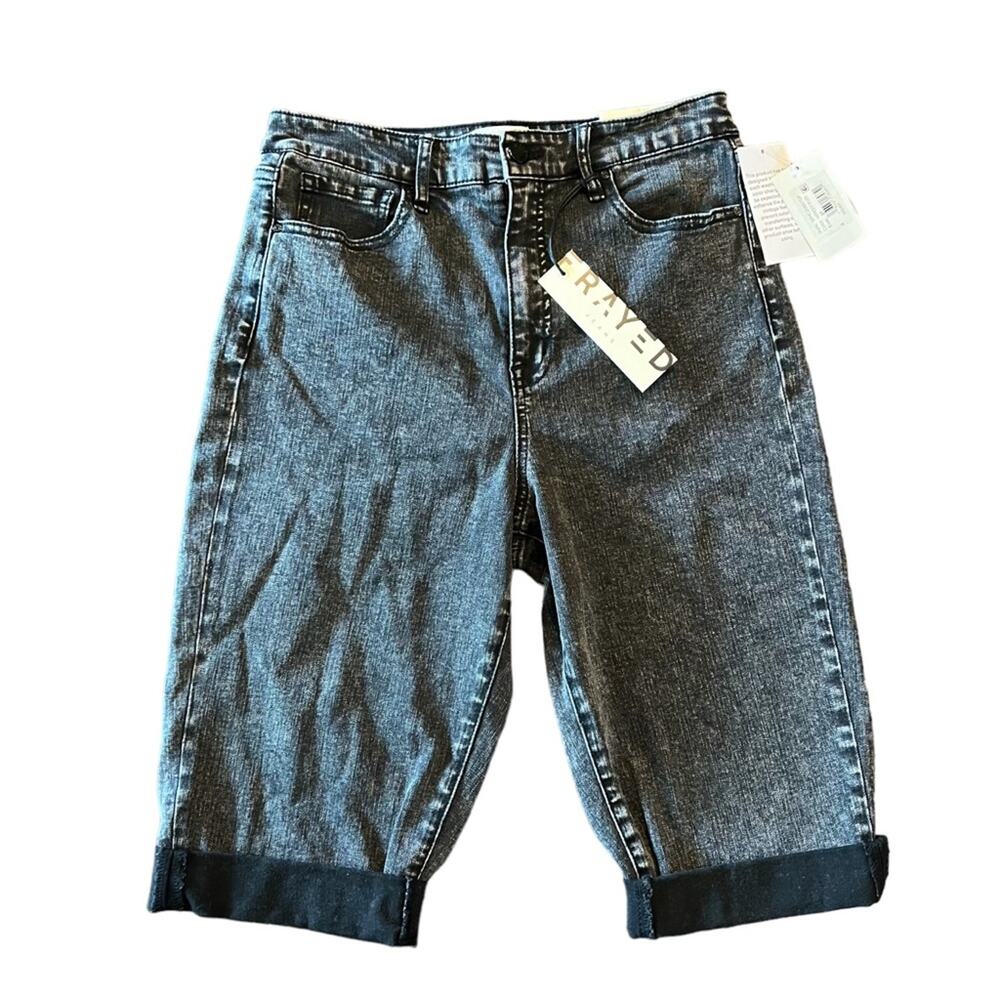 Frayed Jeans Black High Rise Baggy Short Bermuda New Size 27 Cuffed Hem